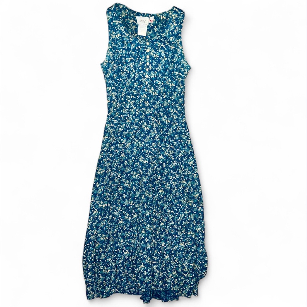 Jody Sz. 3 Blue Floral Sleeveless Maxi Dress with Button Down Pearl Vintage